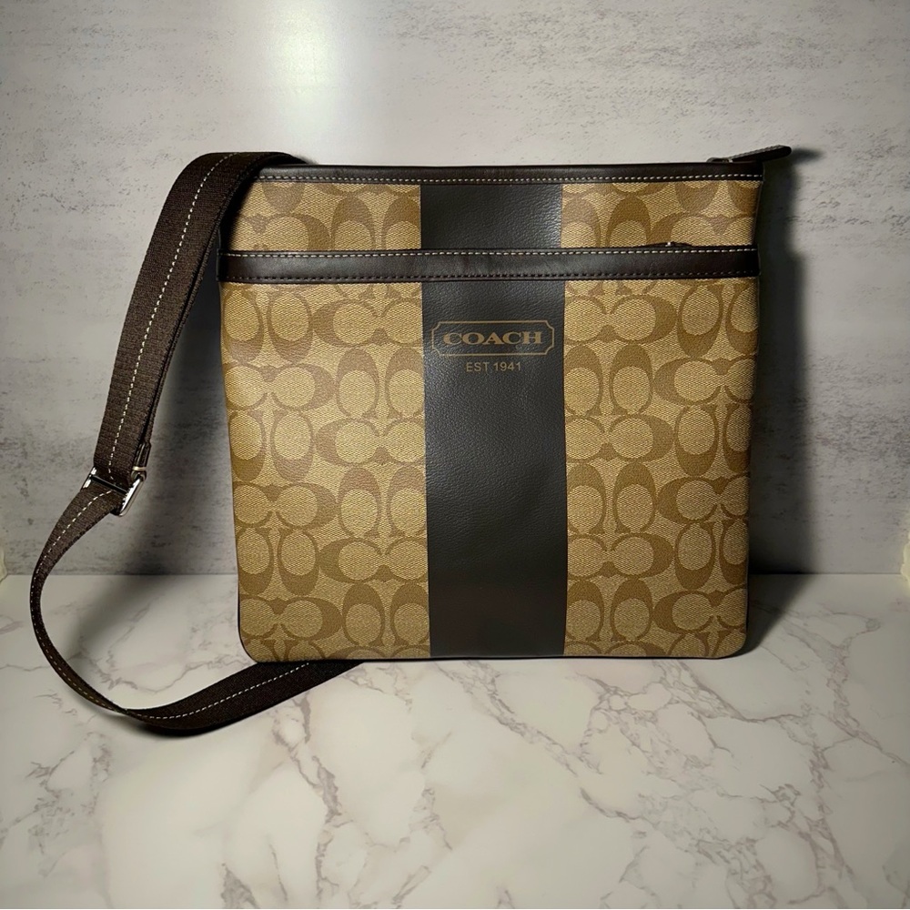 Coach Heritage Stripe Slim Shoulder Bag Crossbody Logo PVC Brown GV Pre-Loved